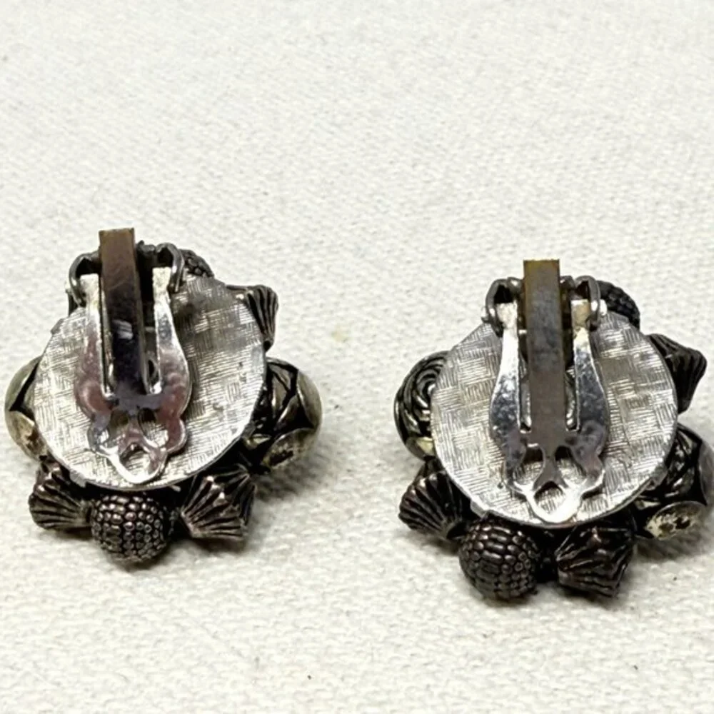 Vintage‎ Bead Cluster Earrings Silver Gray Clip-On Retro Dark Classic